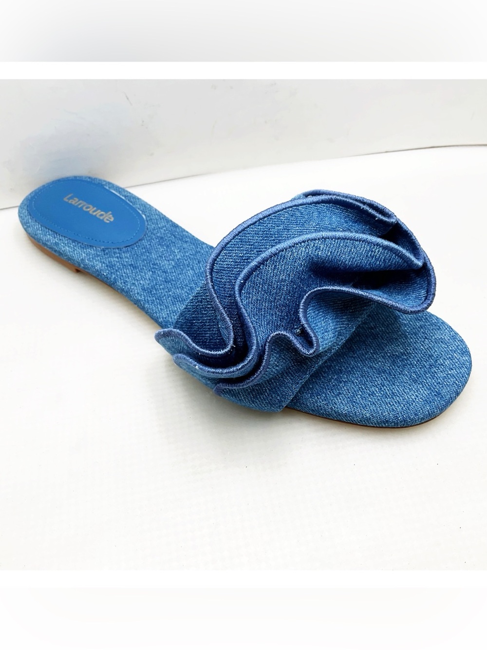 🆕{Larroude} Ivy Denim Ruffle Slide Sandals - Picture 12 of 15